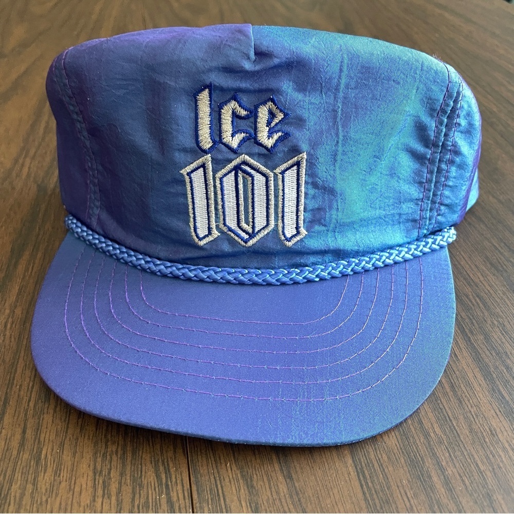 Vintage 80s 90s Ice 101 Hat Snapback Cap Hat Purple Blue Satin Sheen Rope Lined